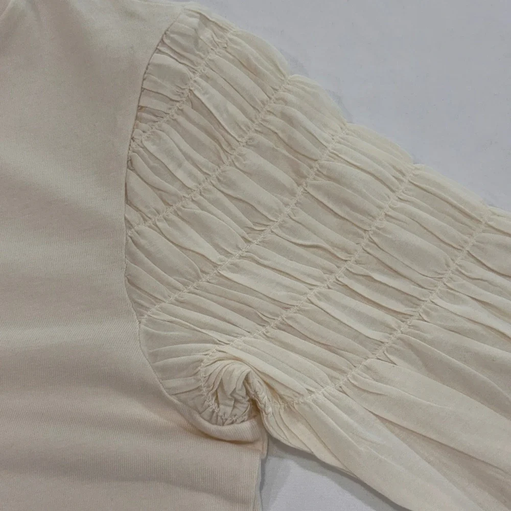 Madewell Smocked Puff Sleeve Mixed‎ Media Top Womens XS Cream Silk Blend | Boho